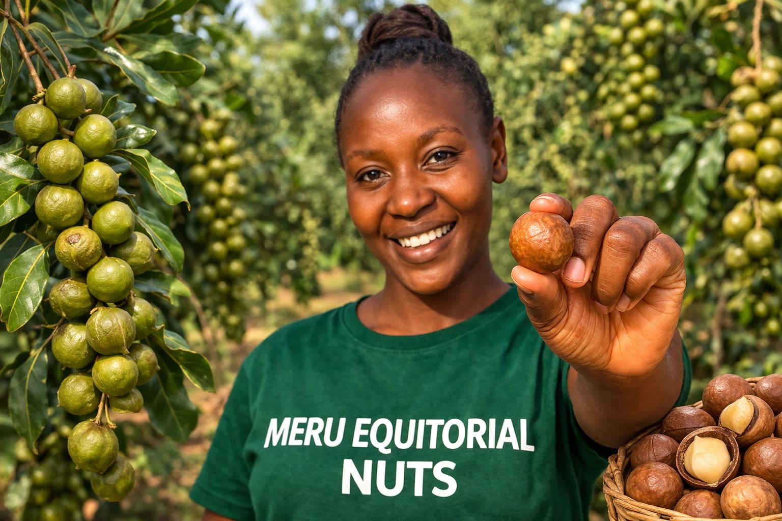 Worker proudly showing macadamia nuts at the orchard