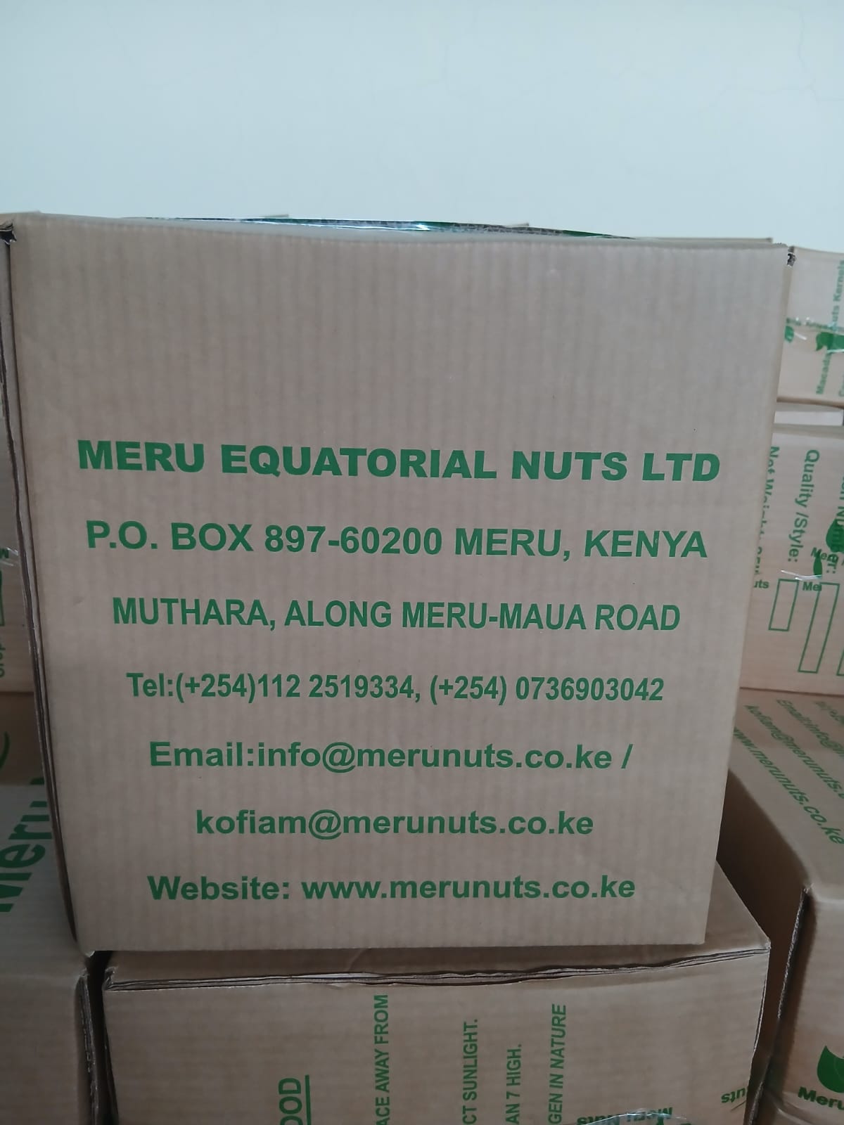 Meru Equatorial Nuts Ltd carton with company details